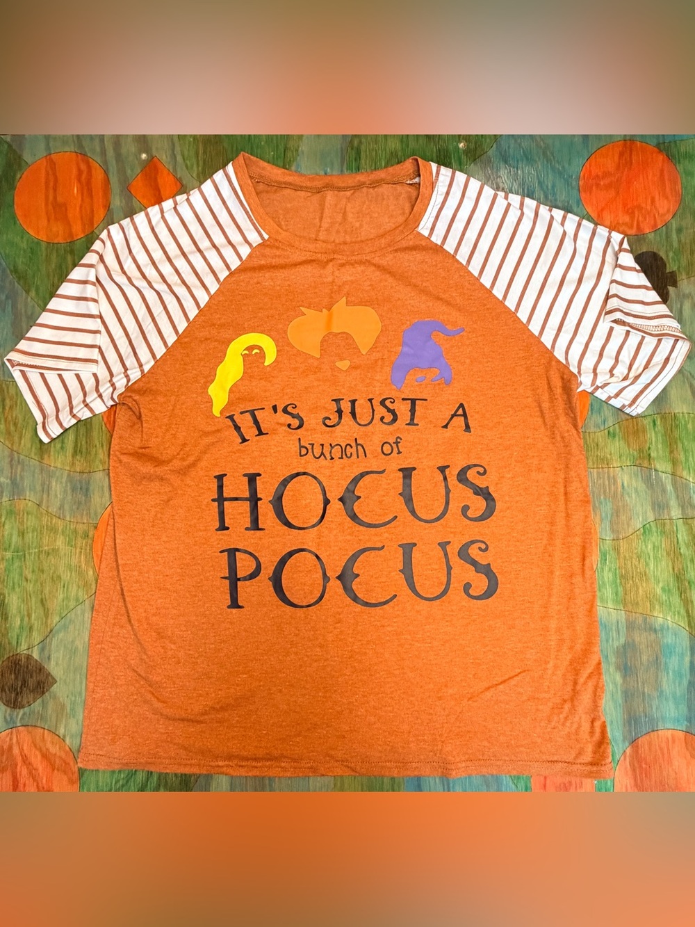 Womens Hocus Pocus Orange White T Shirt Size XL Pullover Lightweight Striped Sho